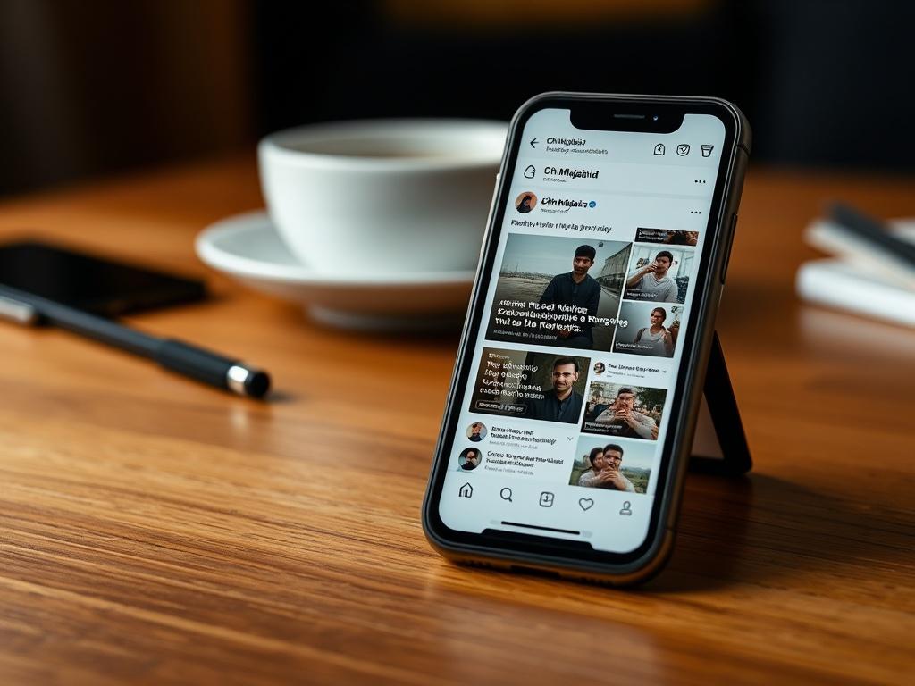 A close-up shot of a smartphone displaying social media feeds with Ch Mujahid's content, set on a wooden table. The background should be blurred to focus on the phone's screen.