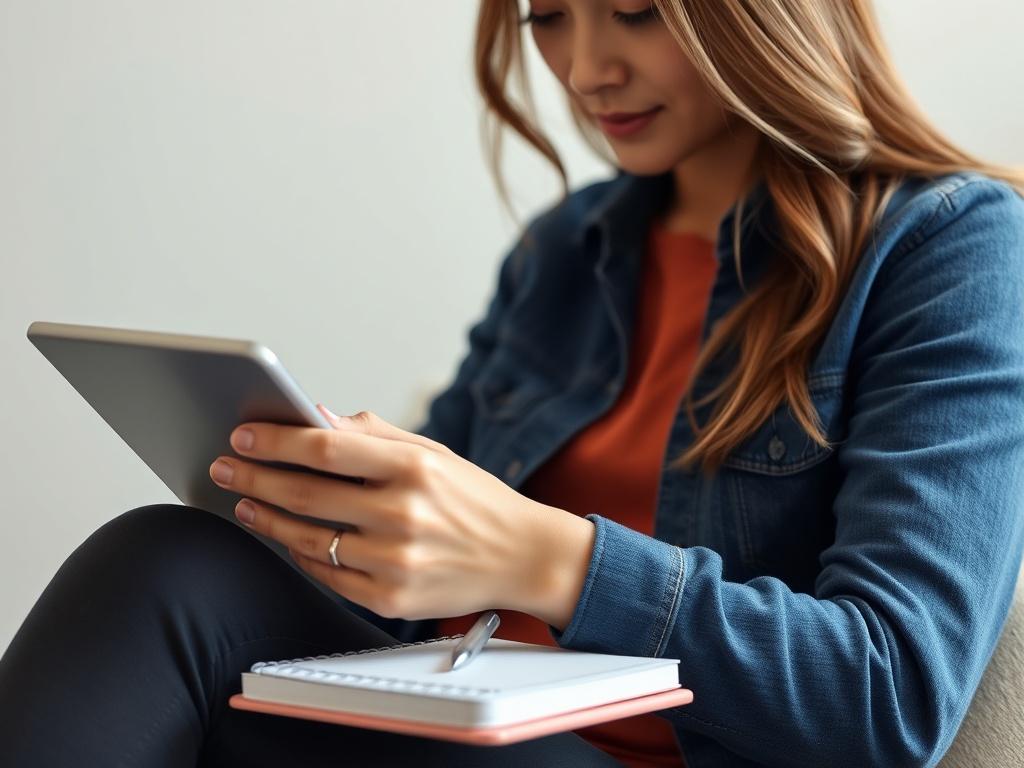 A close-up shot of a person engaged in an online survey on a tablet, with a focused expression and a notepad beside them. The background should be neutral to emphasize the activity.