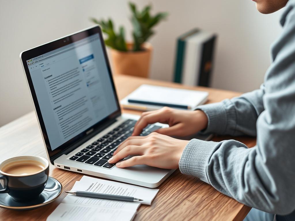 A close-up shot of a laptop with a freelancer writing an article, with notes and coffee beside it. The background should be simple and uncluttered, focusing solely on the work environment.
