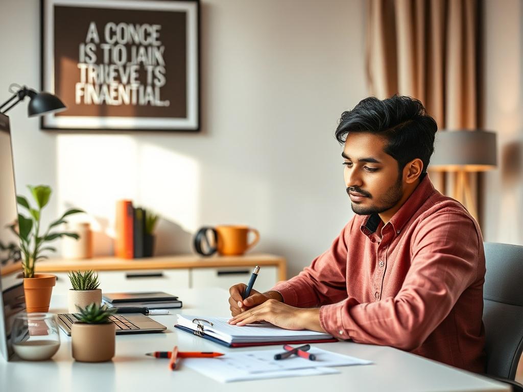 Create a highly realistic high-resolution photo that embodies the theme of "Unlocking Your Earning Potential: A 1-Month Plan." The composition should focus on a single subject: a confident individual, a young adult of South Asian descent, seated at a stylish desk. The subject should be shown from a slight angle, engaged in writing notes in a planner or on a digital tablet, representing the act of strategizing for financial success.

The background should be a softly blurred modern home office, featuring min