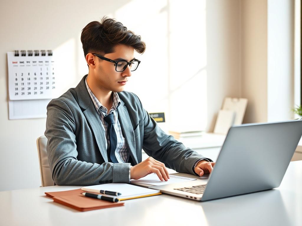 **AI Image Generation Prompt:**

Create a realistic, high-resolution photo featuring a single subject—a young professional sitting at a clean, minimalist desk. The person is focused, looking at a laptop with a notebook and a pen beside them. The professional should be casually dressed in smart attire, exuding an air of determination and ambition. 

In the background, include a hint of a well-organized workspace with soft natural lighting coming from a nearby window, casting gentle shadows. A calendar can be