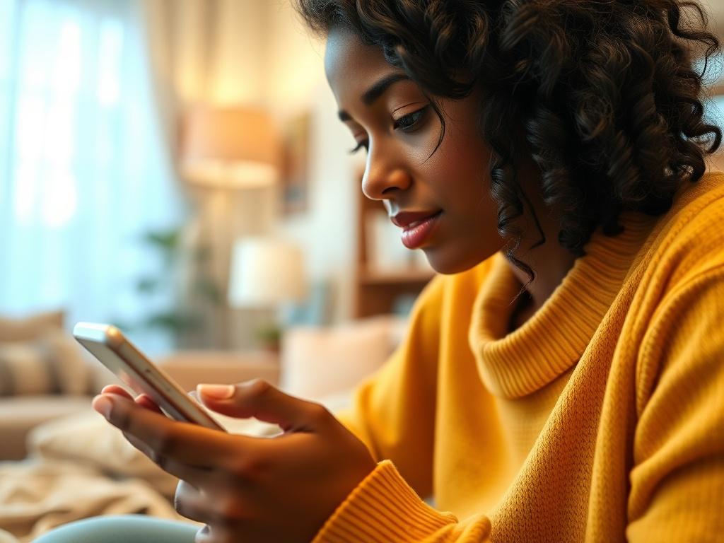 A vibrant close-up of a person taking an online survey on a smartphone, with a focused expression. The background features a cozy home setting, emphasizing comfort and ease of working from home, shot with a 45mm f/1.2 lens.