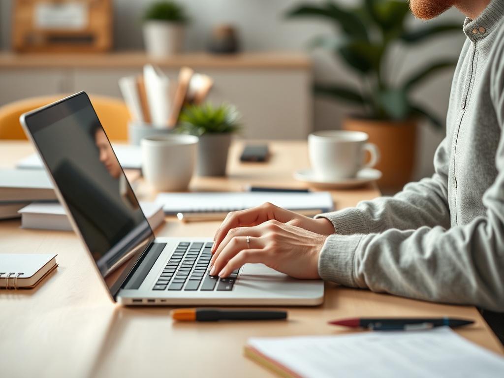 A close-up shot of a freelance writer working diligently at a modern desk, surrounded by a laptop, notebooks, and coffee, with a focus on the writer's hands typing. The background is bright and inviting, showcasing a creative workspace, shot with a 45mm f/1.2 lens.