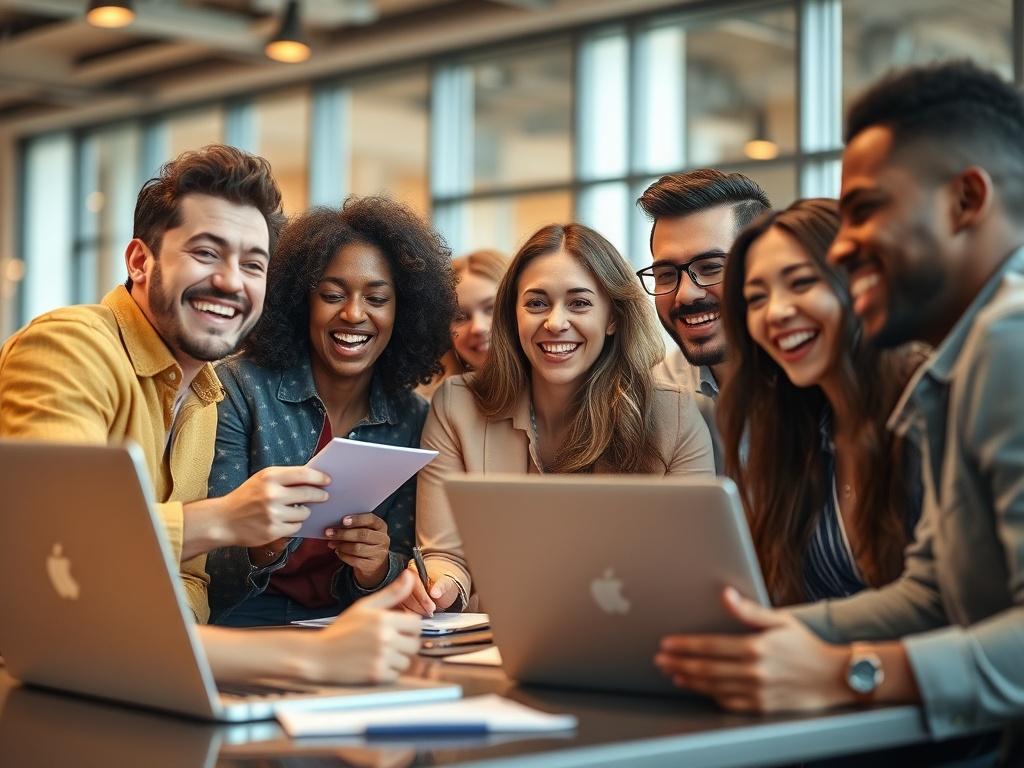 A close-up shot of a diverse group of enthusiastic young professionals engaged in a brainstorming session, surrounded by laptops and notepads. The setting is a modern, well-lit office space with a warm, inviting atmosphere. The focus is on their expressions of excitement and collaboration, showcasing a vibrant and dynamic work environment.