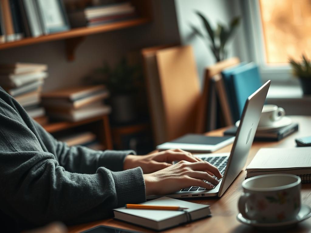 A close-up shot of a focused individual typing on a laptop, surrounded by a cozy workspace filled with books, coffee cup, and notepads. The atmosphere conveys productivity and creativity, with warm lighting highlighting the person's concentration on their work.