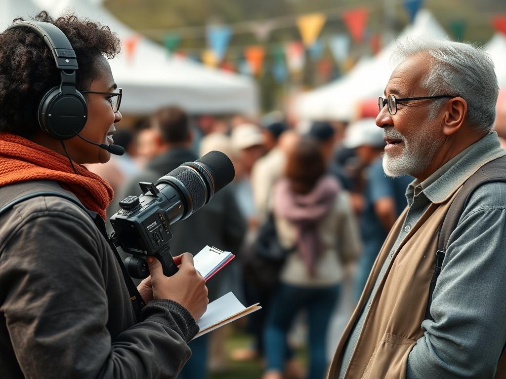 A close-up shot of a journalist interviewing a local community leader in a vibrant outdoor setting. The scene captures the essence of storytelling, with the reporter taking notes and the leader passionately sharing insights. The background shows a lively community event, reflecting the importance of local reporting.