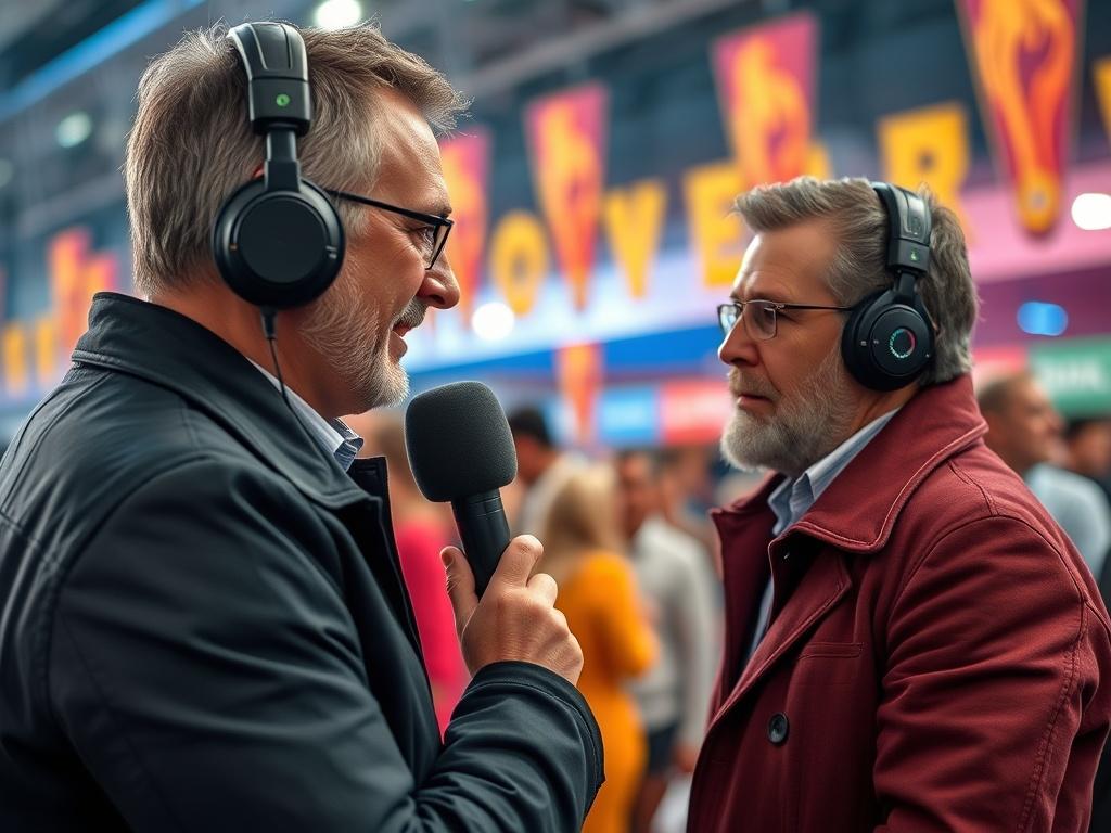 A dynamic shot of a reporter interviewing a local figure at an event, with a vibrant backdrop showcasing the event atmosphere, captured with a 45mm f/1.2 lens.