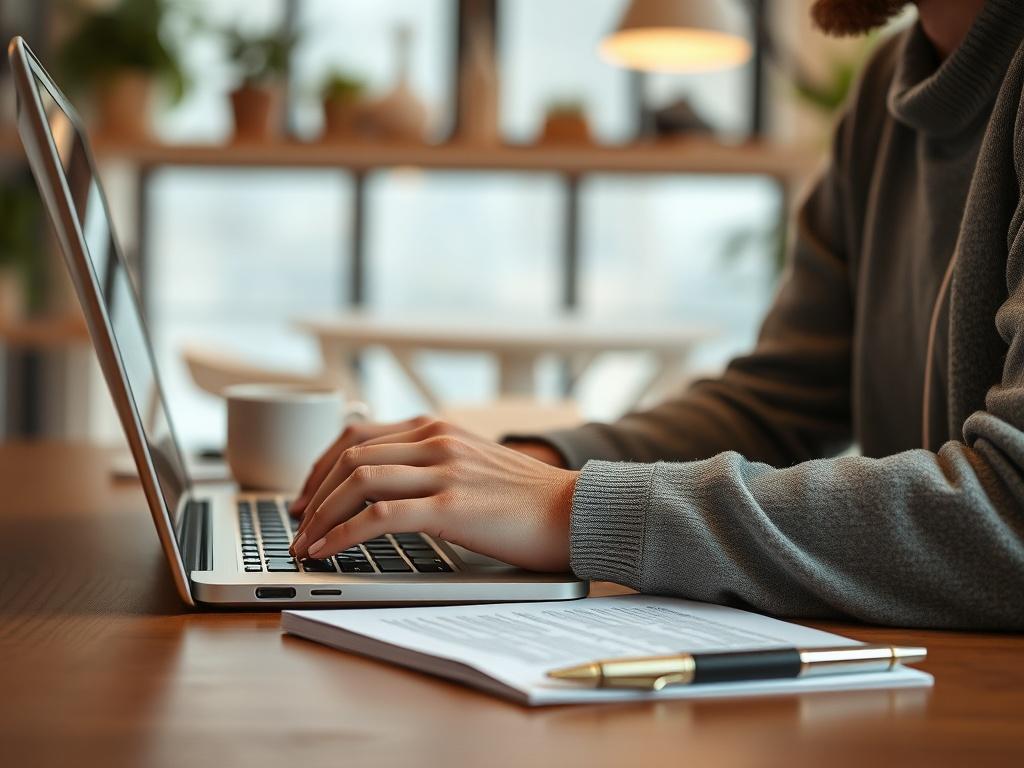 A high-resolution image of a writer typing on a laptop with notes and a pen beside them, in a bright and inviting workspace, shot with a 45mm f/1.2 lens.
