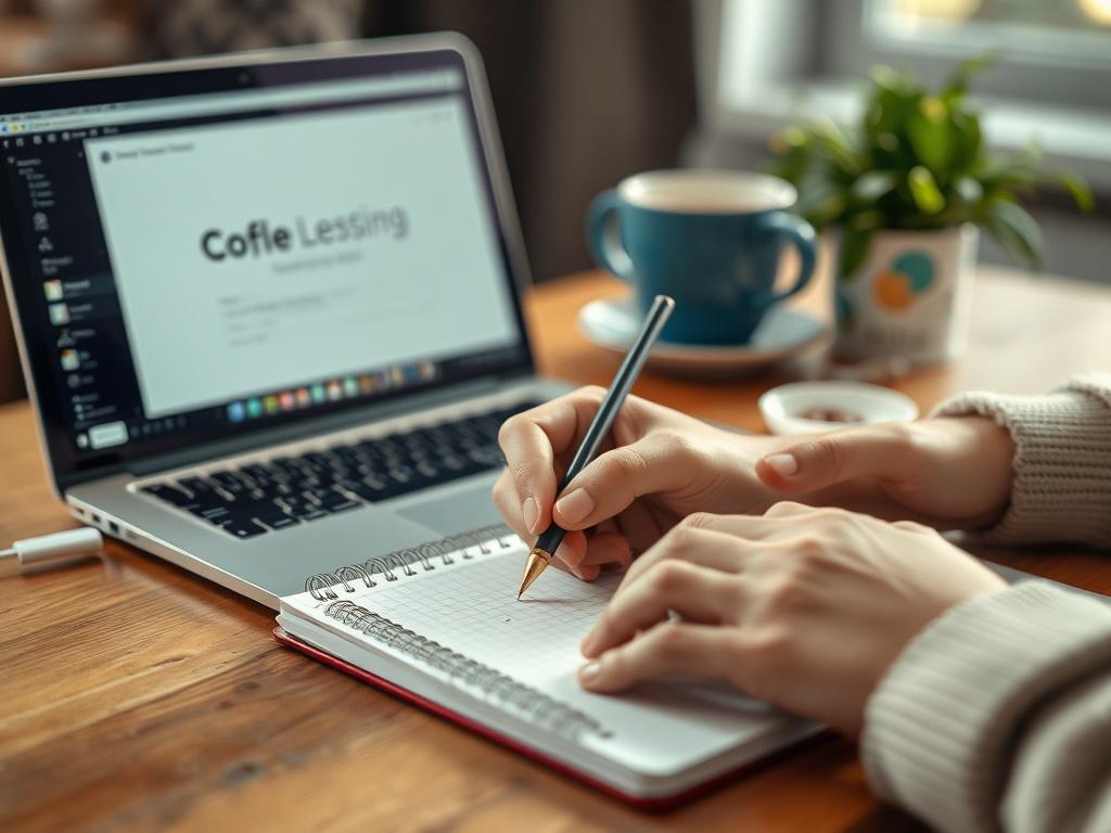 A close-up shot of a person writing on a notepad with a laptop and coffee cup in the background, showcasing a cozy workspace environment, captured with a 45mm f/1.2 lens.