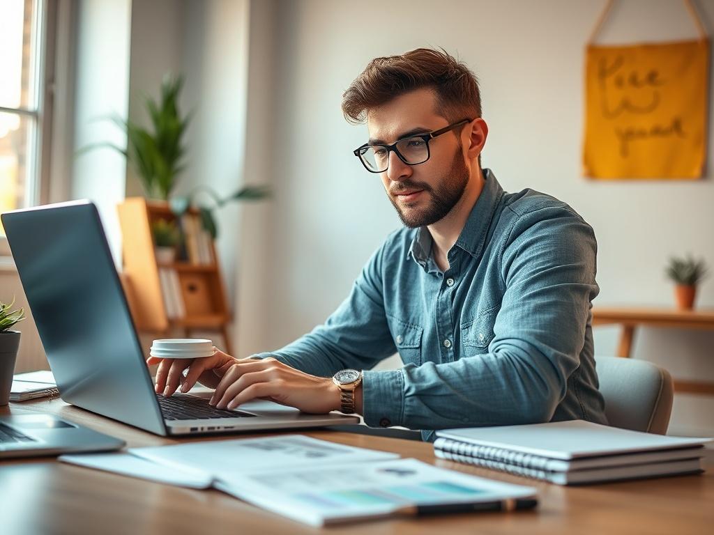 A close-up shot of a confident individual working on a laptop, surrounded by notes and a coffee cup, in a bright and productive workspace. The background should be minimalistic and focused on the individual, showcasing a sense of accomplishment and focus. The image should reflect a warm but professional atmosphere, with natural lighting.