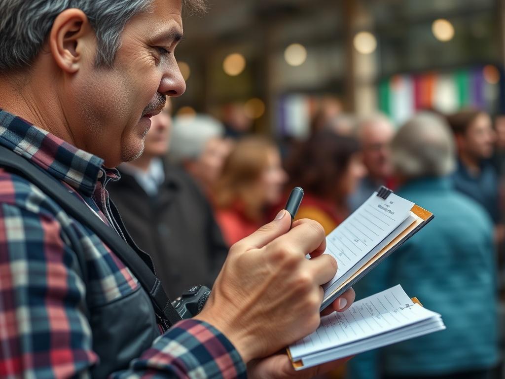 A close-up shot of a journalist in action, taking notes at a community event, with a notepad and camera in hand. The background should show a lively local gathering, highlighting the energy and engagement of the community.