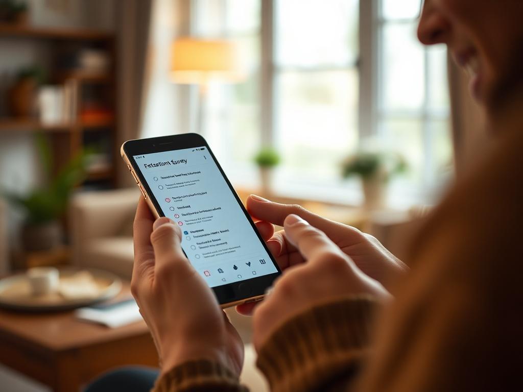 A close-up shot of a person holding a smartphone and completing an online survey, with a visible look of concentration and satisfaction. The background should include a cozy home environment, like a living room or study, emphasizing comfort and ease of work.