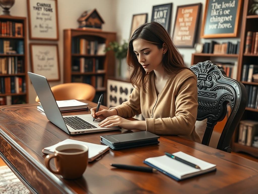 Create a highly detailed, realistic high-resolution photo that reflects the theme of "Freelance Writing Opportunities." The composition should be simple and clear, featuring a single subject: a focused, enthusiastic young woman seated at an elegant wooden desk. She is engaged in writing on her laptop, with a look of concentration and creativity. Her workspace should include a notepad filled with handwritten notes, a stylish coffee mug, and a pen lying beside the notepad. 

The background should be softly bl