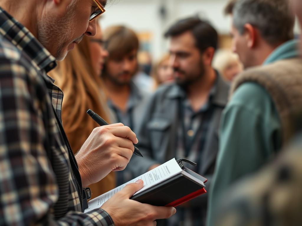 A close up of a journalist taking notes at a