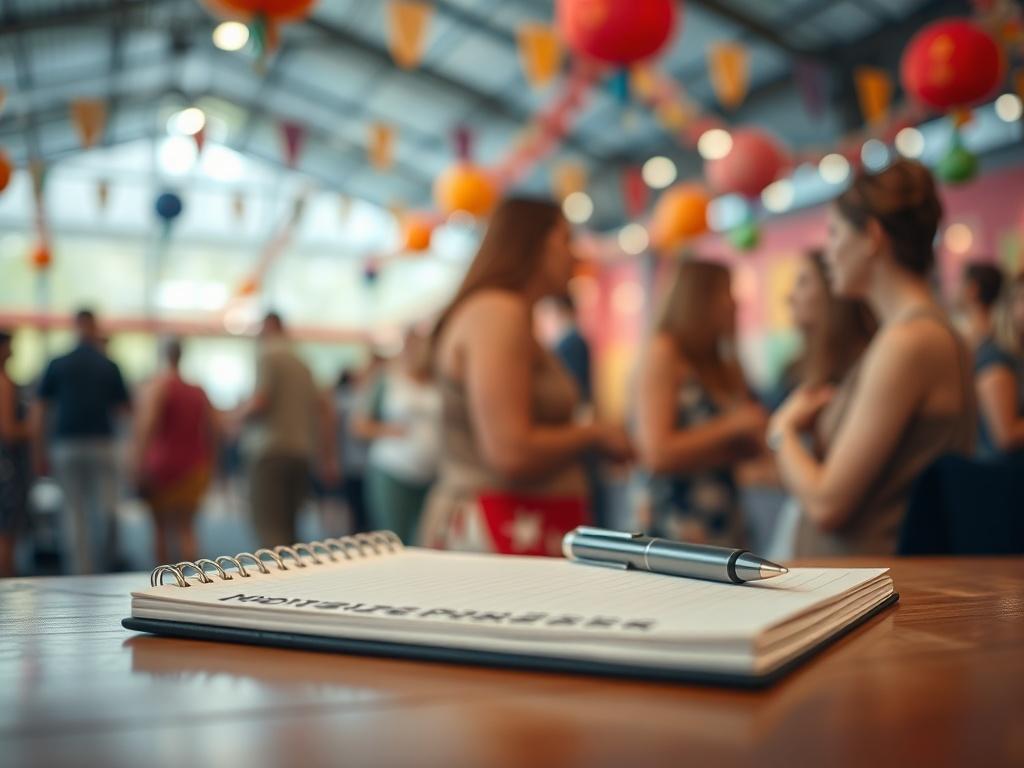 A close-up image of a notepad and pen resting on a table at a bustling local event, capturing the essence of community engagement. The background should feature blurred figures engaged in conversation, with colorful decorations providing a lively atmosphere.