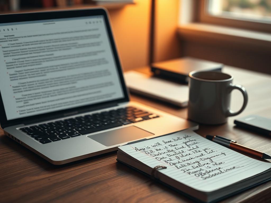A close-up shot of a professional writing workspace, featuring a laptop open to a document, a notepad with handwritten notes, and a coffee mug. The background should be softly blurred to keep focus on the workspace. The lighting is warm and inviting, highlighting the details of the workspace.