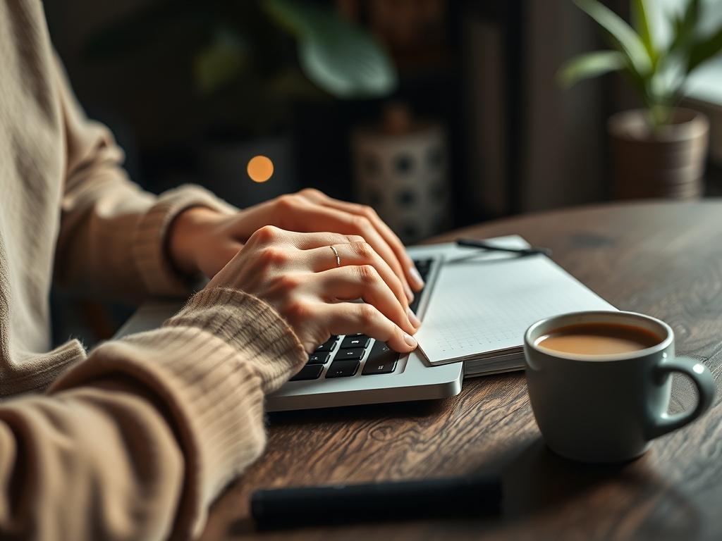 A close-up shot of a person's hands typing on a laptop, with a notepad and coffee cup beside them. The scene is set in a cozy, well-lit environment that inspires creativity and productivity.