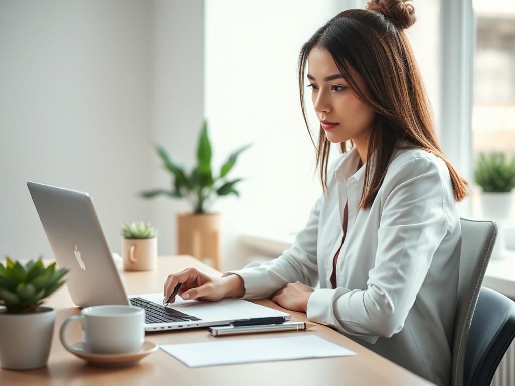 Create a hyper-realistic close-up image of a young professional woman sitting at a modern desk, looking confidently at a laptop with a notepad and pen beside her. She should have a focused expression, as if she is actively planning her online money-making strategy. The background should depict a clean and minimalistic home office environment, with soft natural lighting filtering in through a nearby window, casting gentle shadows to create depth. Include subtle details like a coffee cup and a small plant on 