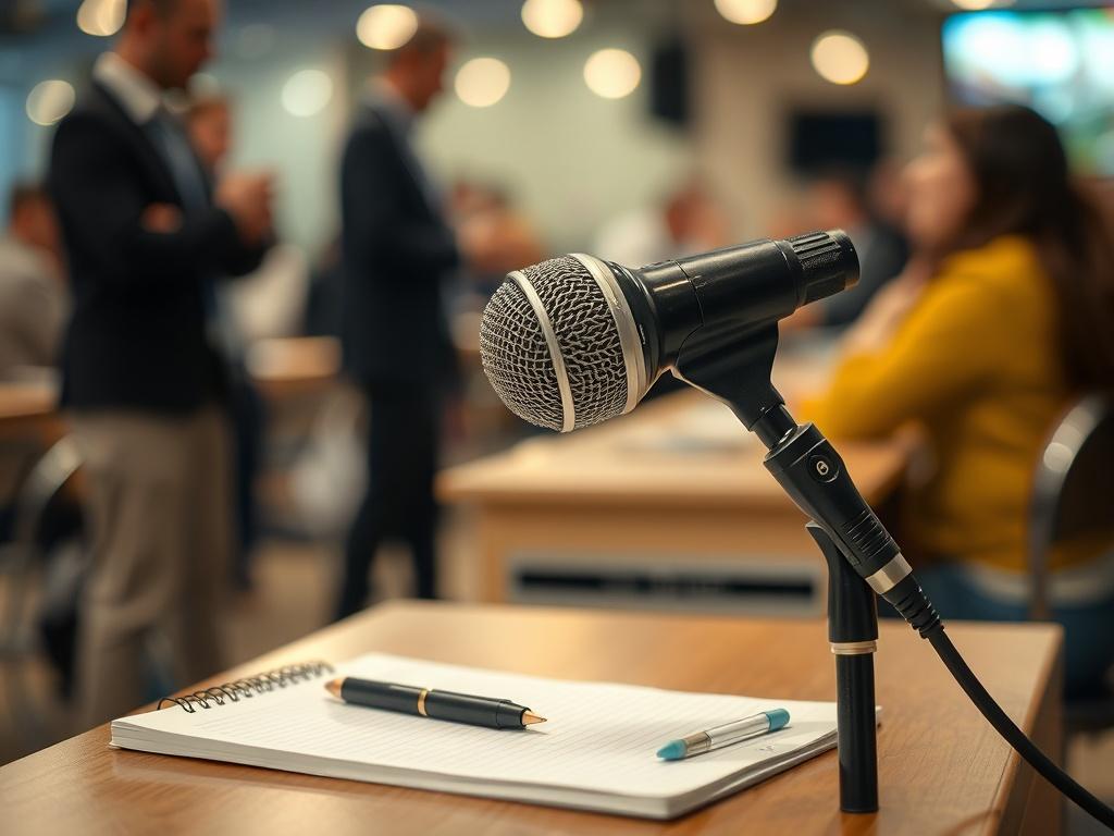 A close-up shot of a microphone and notepad on a table at a local event, with blurred figures of people in the background. The focus is on the microphone, symbolizing reporting and coverage, captured with a 45mm f/1.2 lens style.