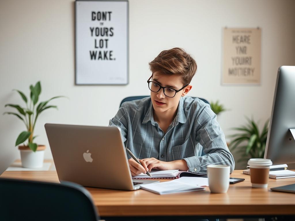 A close-up shot of a young professional sitting at a desk, working on a laptop with notes and a coffee cup nearby. The background is a simple, well-organized workspace with a plant and a motivational poster. The focus is on the individual, showcasing determination and productivity, captured with a 45mm f/1.2 lens style.