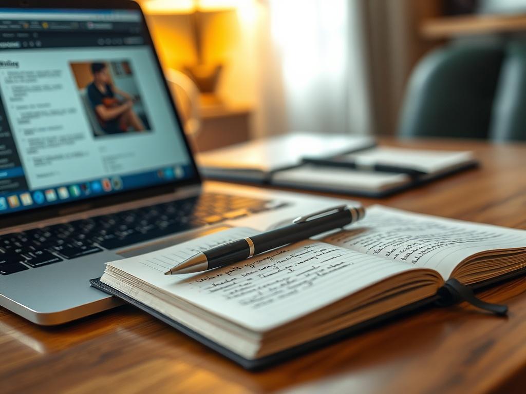 A close-up shot of a notebook with handwritten notes and a pen resting on it, alongside a laptop displaying a writing application. The scene captures a cozy workspace with warm lighting, emphasizing creativity and focus. Shot with a 45mm f/1.2 lens style.