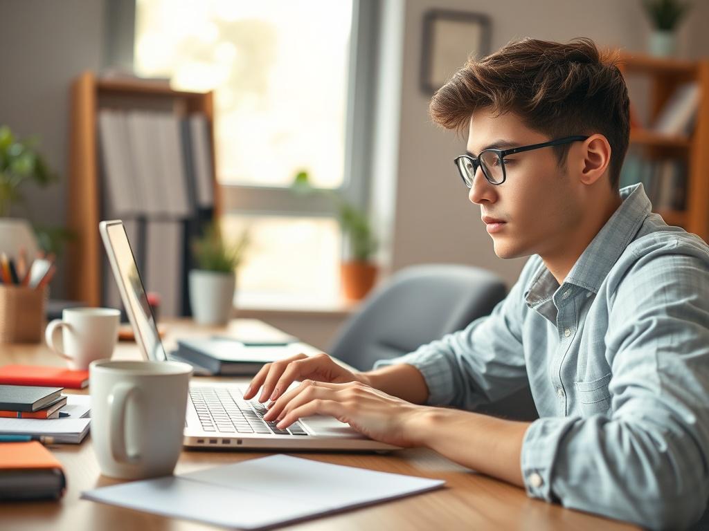 A close-up shot of a young professional working on a laptop, with a focused expression, surrounded by notes and a coffee cup, representing productivity and freelance work. The background features a well-organized workspace with soft natural lighting. The color scheme incorporates the primary color rgb(243, 153, 62) to create a warm atmosphere.