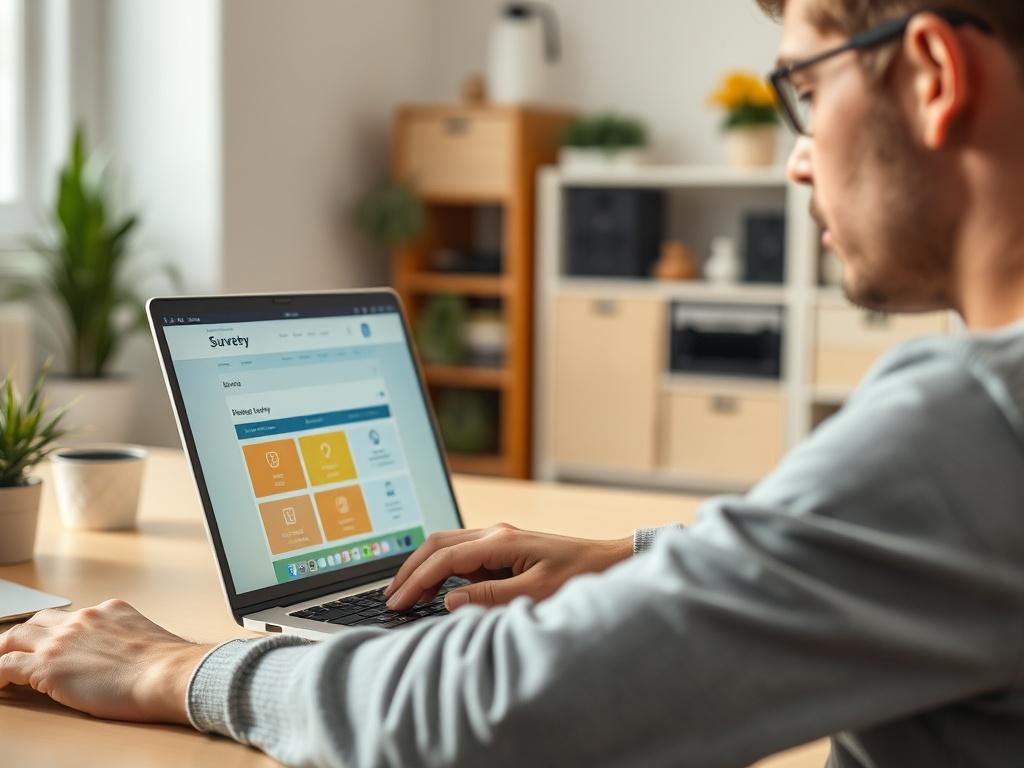 A close-up of a person sitting at a desk, engaged in an online survey on a laptop. The laptop screen shows a colorful survey interface, and the person's focused expression reflects determination. The background is a bright home office, enhancing the sense of an inviting workspace.