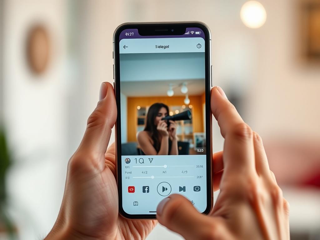 A close-up of a smartphone displaying a social media app with a video in playback. The hands of a person are gently holding the phone, highlighting a moment of creativity. The environment is bright and inviting, with soft colors that enhance the modern digital vibe.