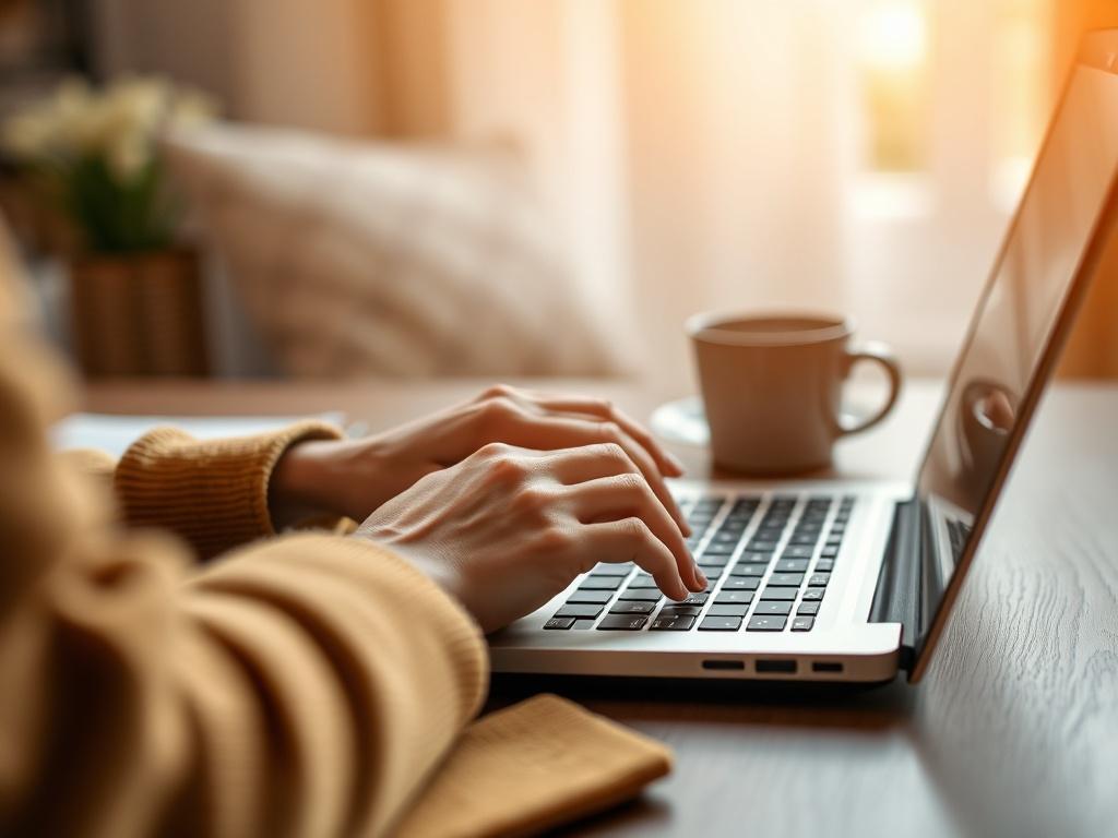 A close-up of a person typing on a laptop in a cozy workspace, with a notepad and coffee cup beside them. The focus is on the hands and laptop screen, conveying a sense of productivity and creativity. The background is softly blurred, featuring warm colors that evoke a comfortable atmosphere.