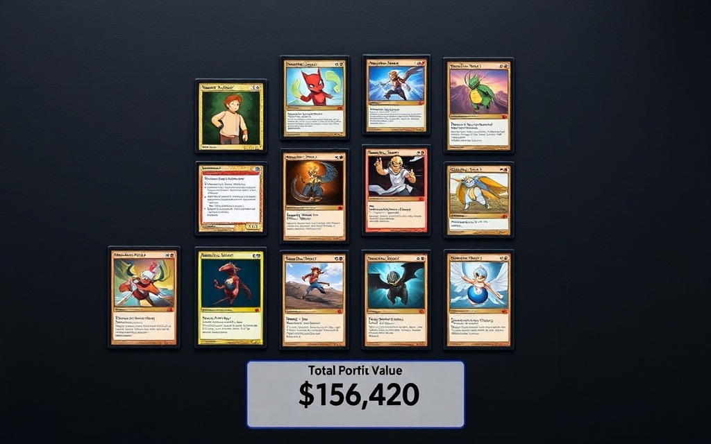 Trading card collection library showing 12 cards in a grid with total portfolio value
