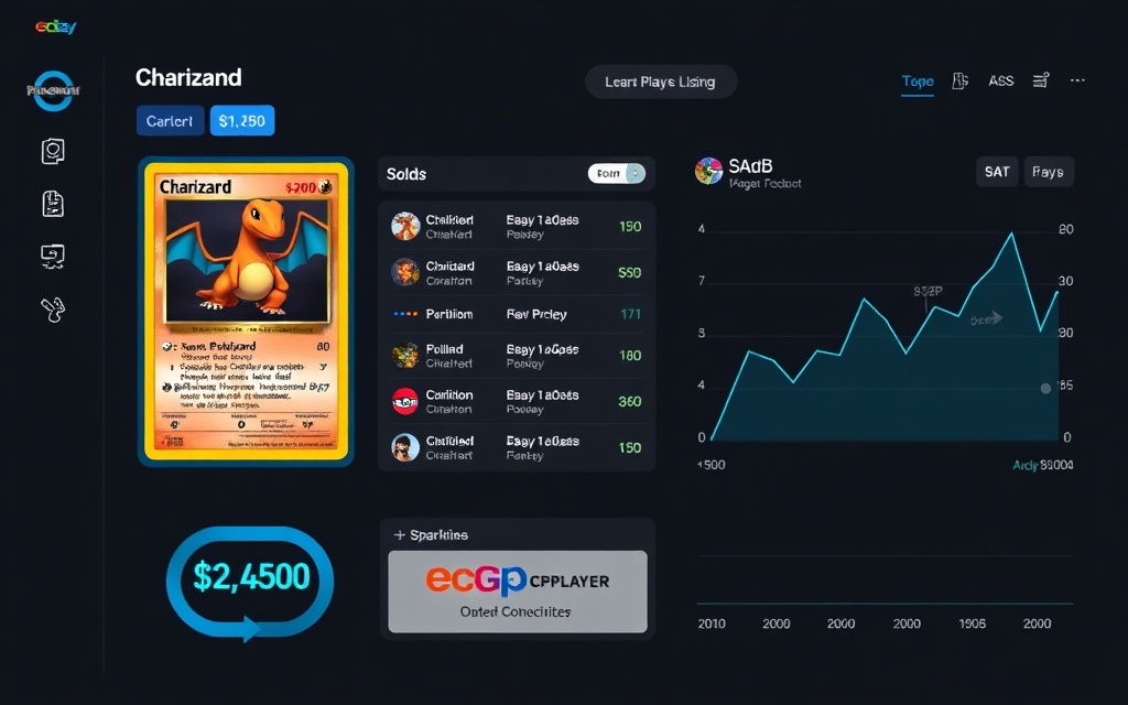 Trading card price dashboard showing Charizard card with live pricing and market data