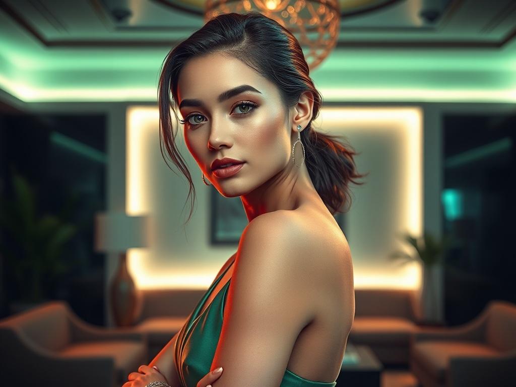 A stunning, elegant young woman in a sleek dress, confidently