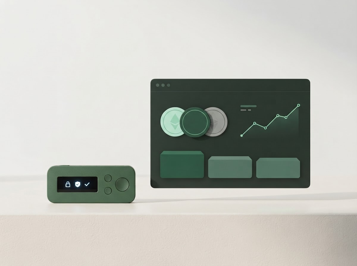 Illustration of a forest-green hardware wallet beside a crypto portfolio interface