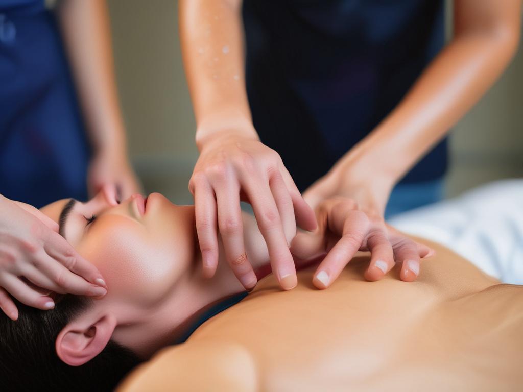 close-up shot of a Spanish-speaking instructor demonstrating CPR technique, hyper-realistic, vibrant colors, focus on instructor's hands and face, simple background, compatible with rgb(226, 1, 1)