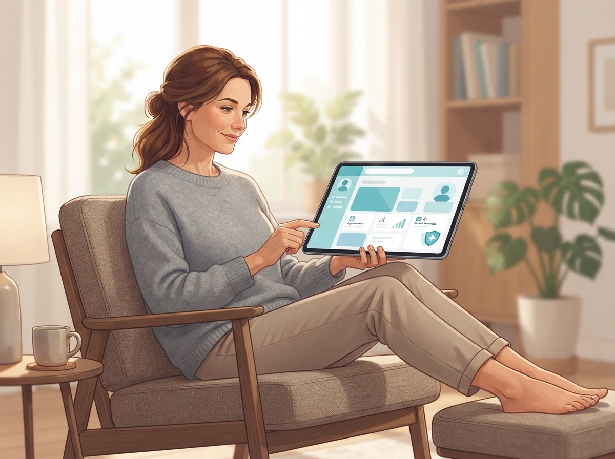 Patient using a tablet to access healthcare information in a calm home setting