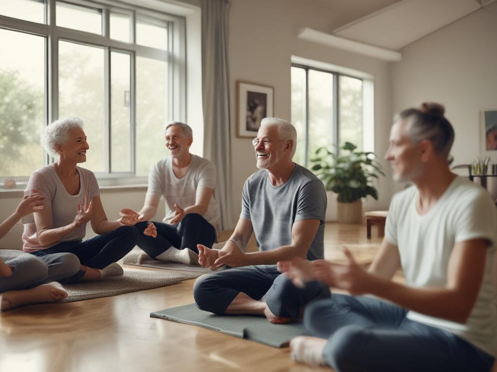 A close-up shot of a group of residents engaged in a wellness workshop, surrounded by natural light in a bright, inviting room. They are participating in an interactive activity, showcasing smiles and camaraderie. The focus is on their enthusiastic expressions, captured with a 45mm f/1.2 lens to emphasize the positive atmosphere of personal growth and community support.
