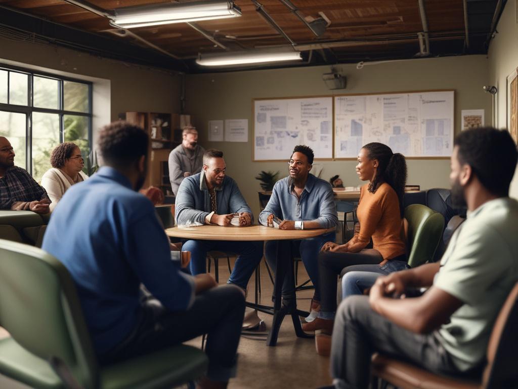 A close-up shot of a group of diverse individuals engaging in a community meeting within a recovery house. The setting should be a cozy common area with a whiteboard in the background displaying key points. The focus should be on their engaged expressions and active participation, captured using a 45mm f/1.2 lens to highlight the importance of community and collaboration.