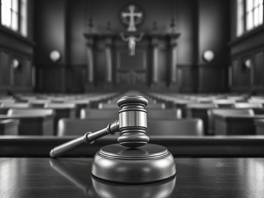 Create a realistic high-resolution black and white photo that captures the essence of "JUDGE CORRUPTION." The image should feature a solitary judge's gavel placed on a polished wooden bench in an empty courtroom. Focus on the gavel as the central subject, showcasing its intricate details, such as the wood grain and the worn surface that suggests extensive use. 

In the background, there should be a slightly blurred view of the empty courtroom environment, with high-backed wooden chairs and tall windows cast