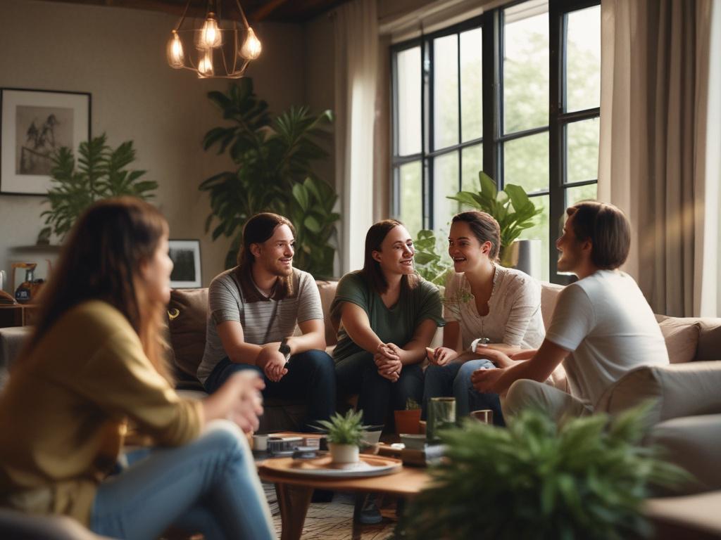 a diverse group of individuals engaged in a supportive conversation, seated in a cozy, well-lit living room with plants and warm decor, natural light streaming through a window, focus on their faces expressing encouragement and understanding, shot with a 45mm f/1.2 lens style, RGB color theme of rgb(12, 186, 225)