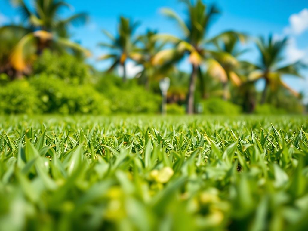 A hyper-realistic close-up shot of a beautifully manicured piece of land in Florida, showcasing lush greenery and vibrant blue skies. The composition focuses on the land, with a clear view of the surrounding environment. The image should evoke a sense of opportunity and potential, highlighting the beauty of Florida's landscapes, shot with a 45mm f/1.2 lens for a stunning depth of field.