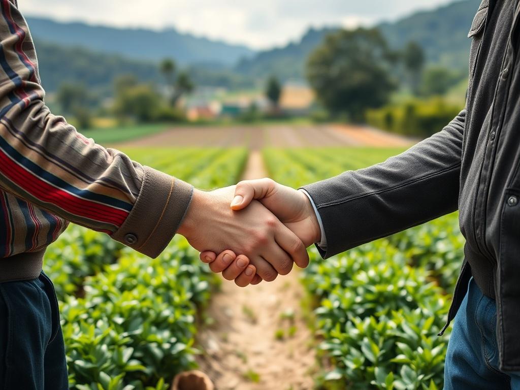 A detailed image of a handshake between two individuals in front of a beautiful plot of land, taken with a 45mm f/1.2 lens. The focus is on the handshake symbolizing agreement and trust, set against a lush green background that represents growth and opportunity.
