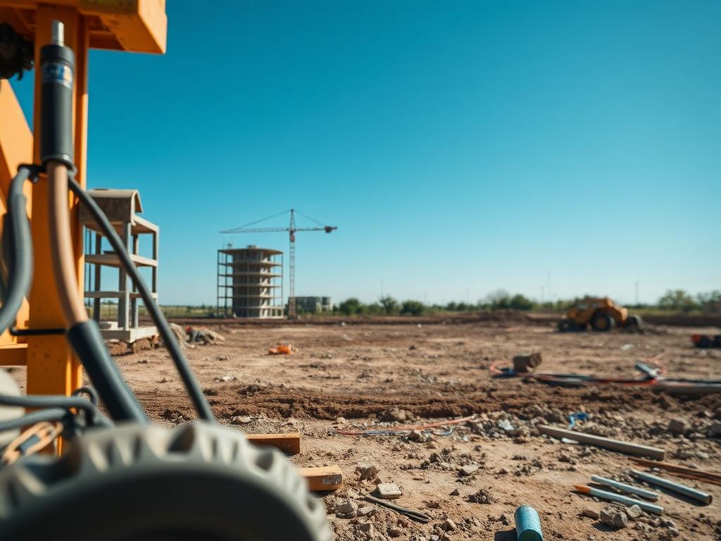 A hyper-realistic image of a construction site with an empty plot of land ready for development, captured with a 45mm f/1.2 lens. The foreground emphasizes construction equipment and tools, while the background features a clear blue sky, showcasing the potential of the land for future building.