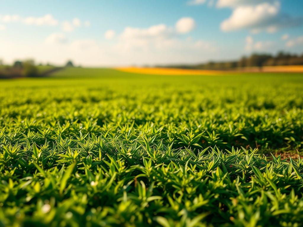 A close-up shot of a serene landscape featuring a beautiful plot of land with lush greenery, taken with a 45mm f/1.2 lens. The focus is on the natural beauty of the land, showcasing vibrant colors and clear skies, with a soft bokeh background to emphasize the foreground.