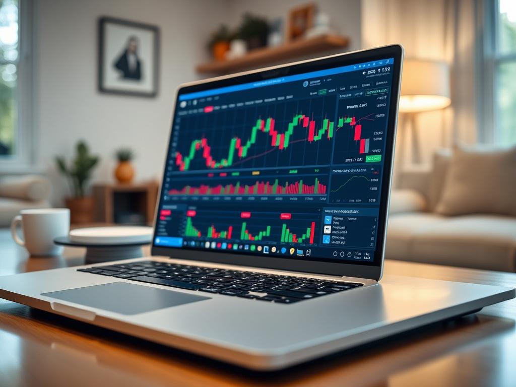 A close-up shot of a modern laptop displaying a forex trading platform with various currency pairs and real-time charts. The laptop is on a sleek desk, with a blurred background of a cozy home office setting. The lighting is bright and inviting, emphasizing the technology and the act of trading. The color scheme incorporates the primary color rgb(50, 170, 39) for accents in the interface on the screen.
