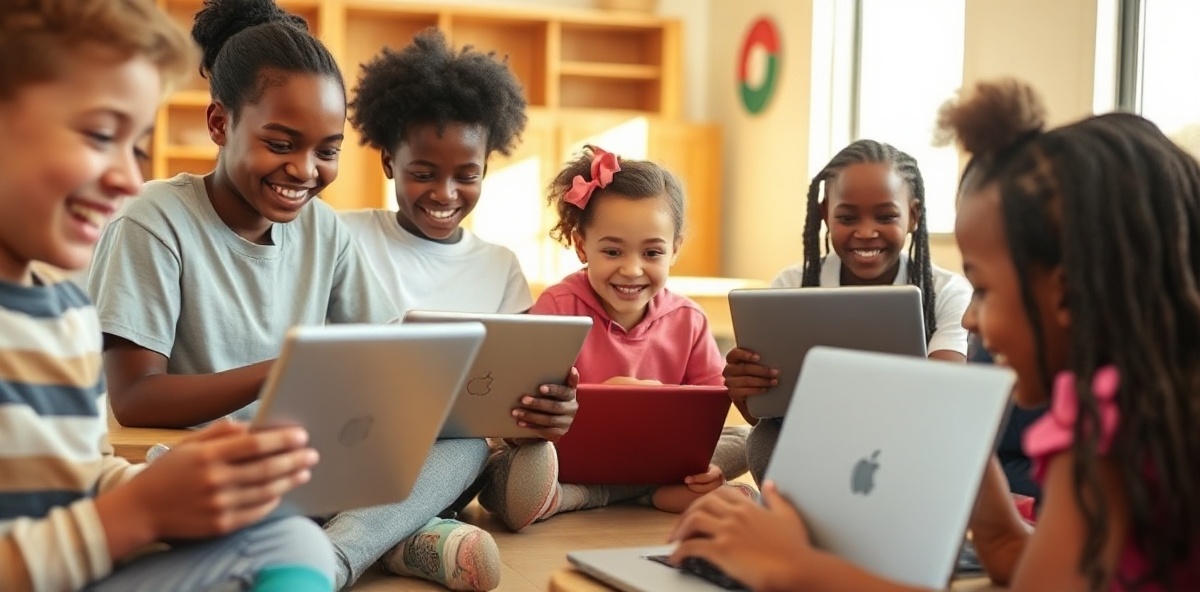 Children using refurbished laptops and tablets in a classroom