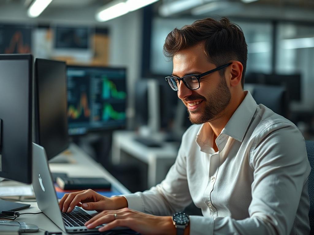 A close-up shot of a professional IT consultant working on a laptop in a modern office environment. The consultant is focused and engaged, with a warm and inviting expression. The background features a well-organized workspace with technology elements like monitors and cables, representing a high-tech atmosphere. The color palette should harmonize with the primary color #C6B9AB, creating a cohesive and professional look.