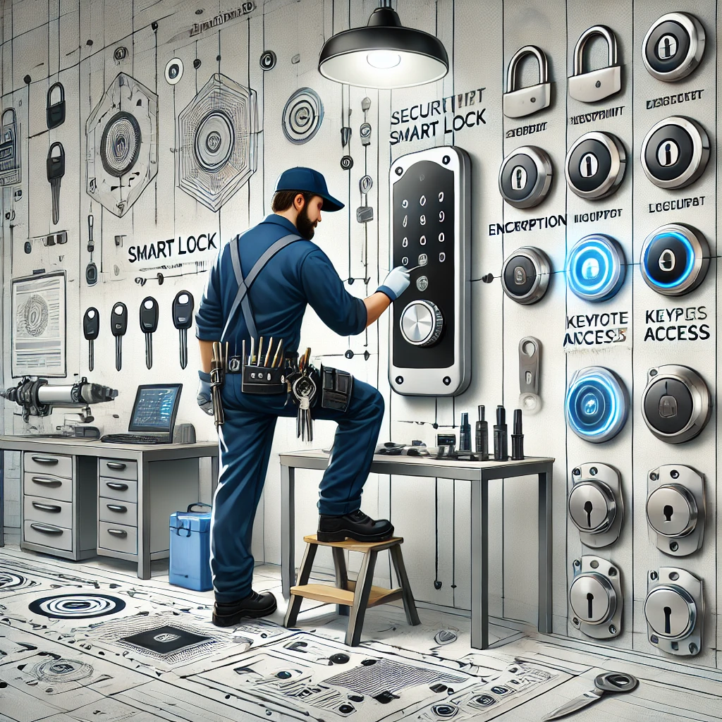 dall·e 2025-02-28 13.24.04 - a professional locksmith service illustration showcasing the production and installation of smart locks. the image features a locksmith in uniform wor.webp