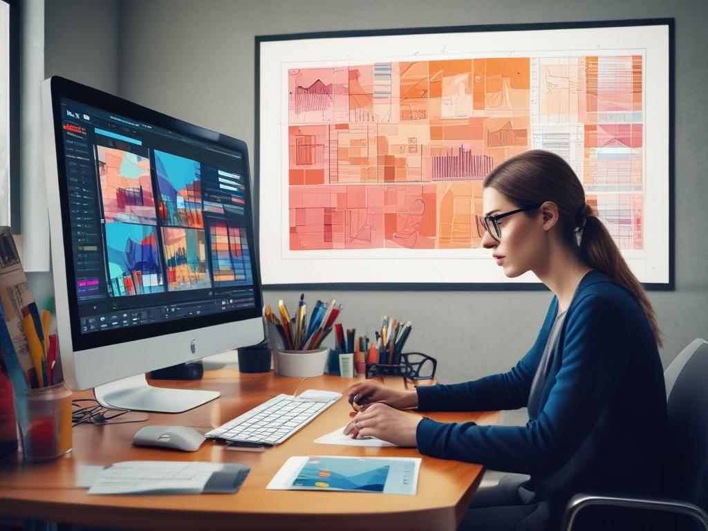 A photorealistic image depicting a designer analyzing visual trends