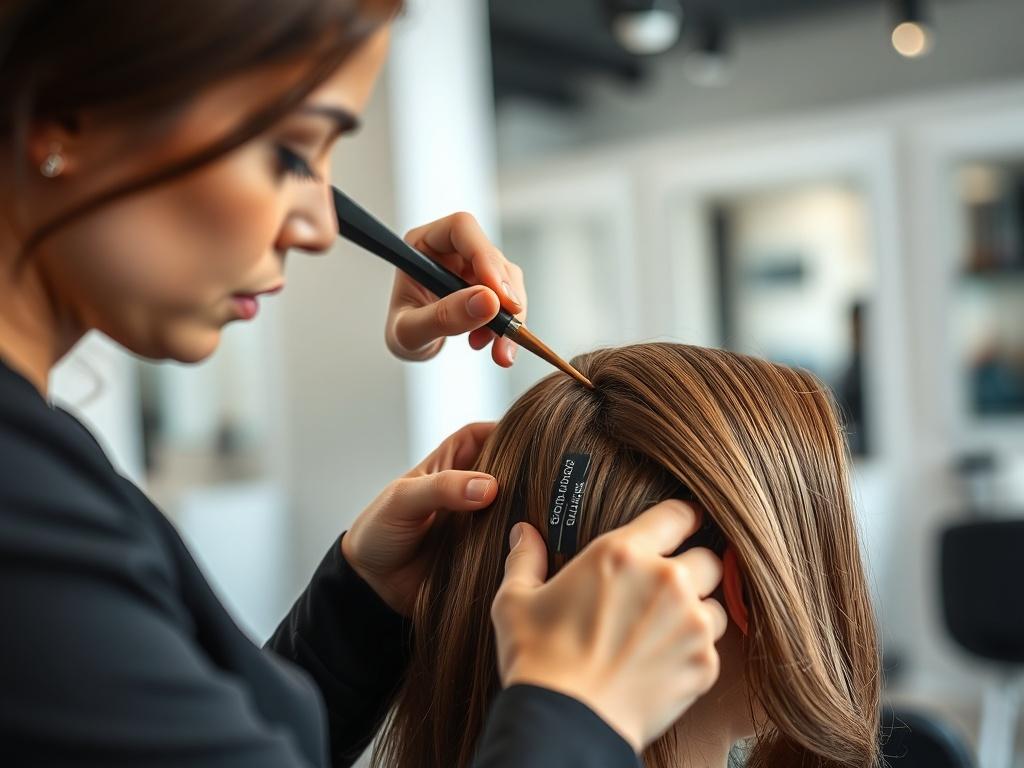 A close-up shot of a stylist applying hair dye to the roots of a client's hair in a modern salon setting. The stylist has focused attention on the roots while the hair is beautifully styled and shiny. The background is softly blurred to emphasize the action, with soft lighting highlighting the hair's texture. The color palette should be rich and vibrant, showcasing the hair's vibrancy. The composition should be simple and clear, with only the stylist and client visible.