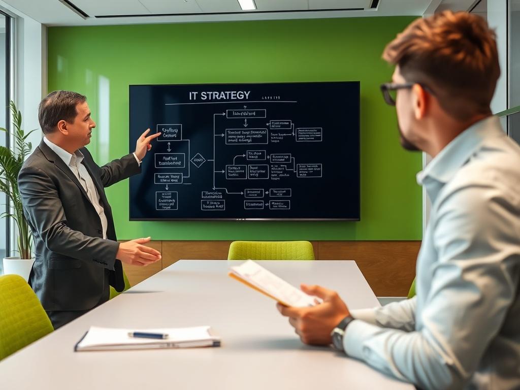 A close up shot of an IT consultant presenting a